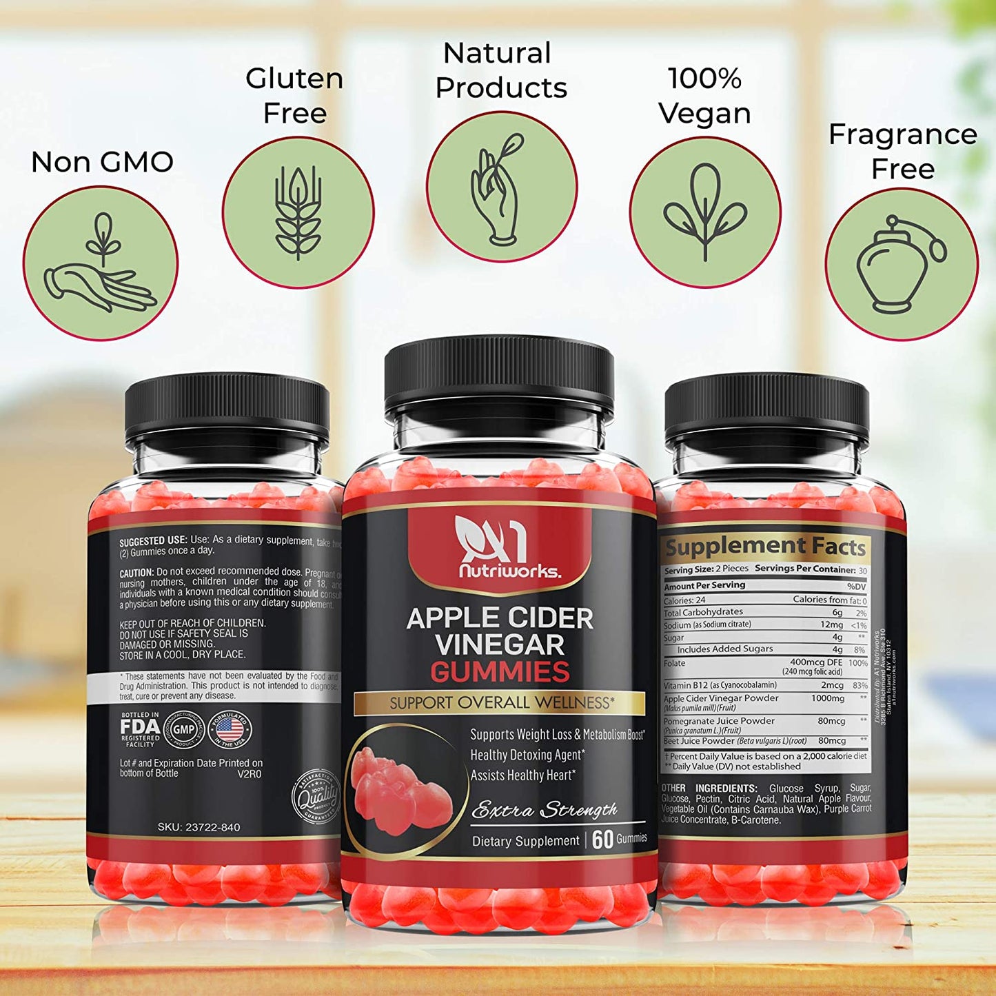 3 Bottles ACV Apple Cider Vinegar Gummies Maximum Strength Energy Boost & Gut Health-Supports Digestion, Detox & Cleansing