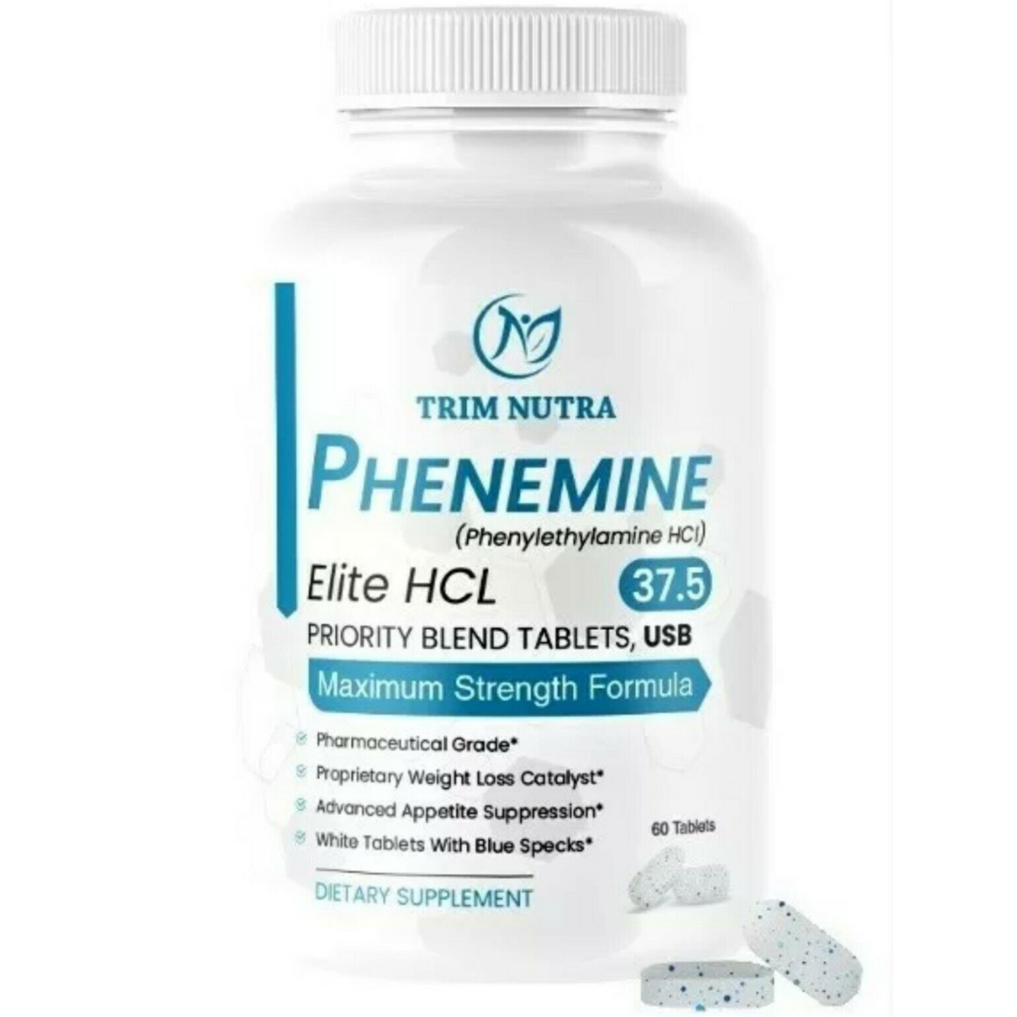 2 Bottles - Phenemine Elite 37.5 White/Blue Speckled Tablets
