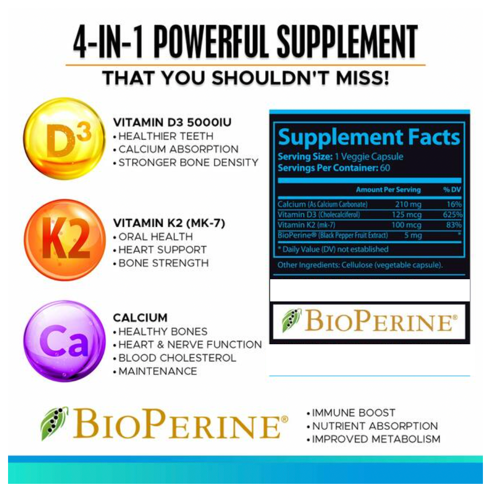 Vitamin D3 + K2 With Bioperine and Calcium 3 Month Supply