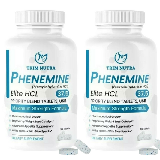 2 Bottles - Phenemine Elite 37.5 White/Blue Speckled Tablets
