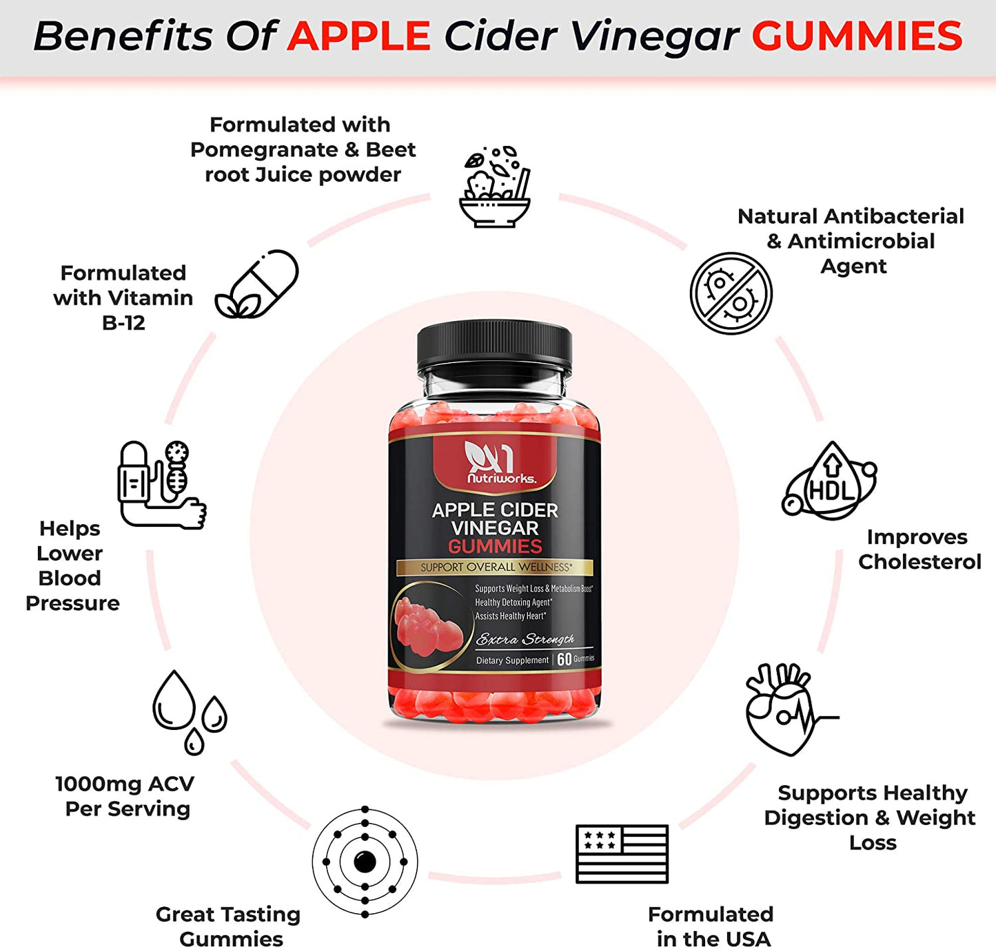 3 Bottles Apple Cider Vinegar Gummies Maximum Strength Energy Boost & Gut Health-Supports Digestion, Detox & Cleansing