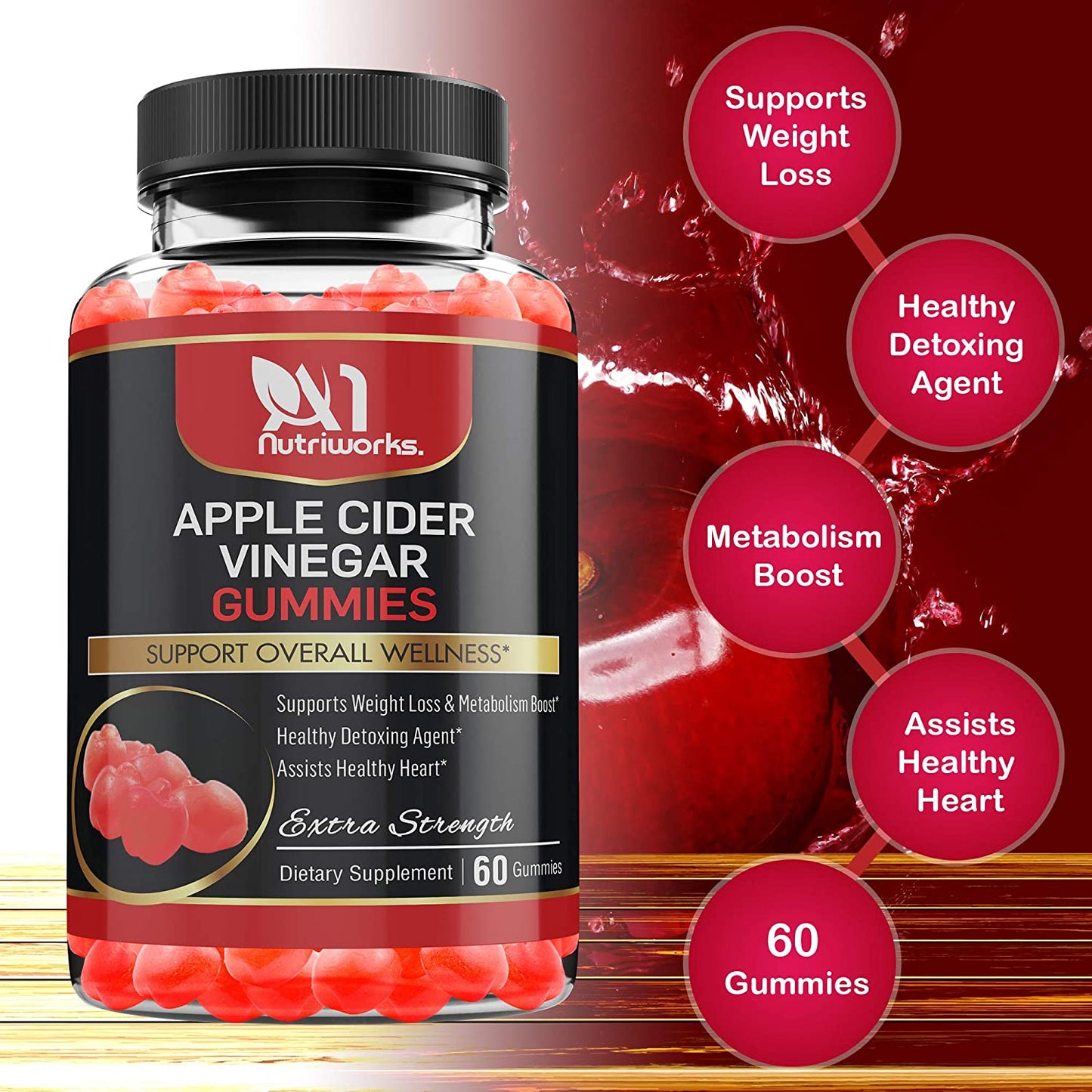 3 Bottles Apple Cider Vinegar Gummies Maximum Strength Energy Boost & Gut Health-Supports Digestion, Detox & Cleansing